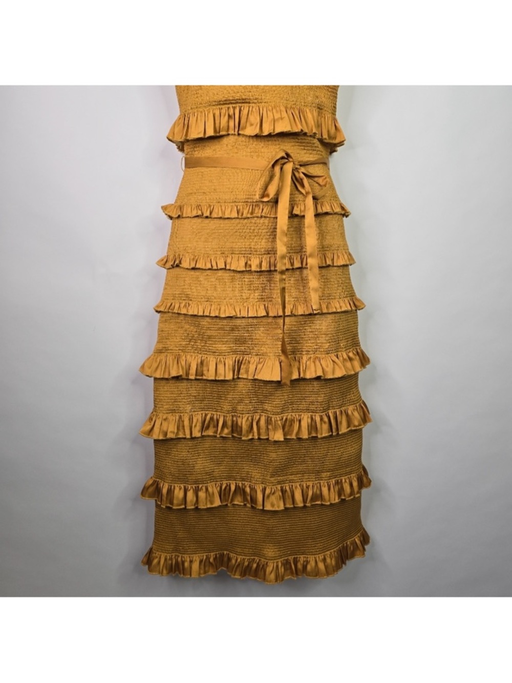 V. Chapman Lily Ruched & Ruffled Stretch Satin Midi Dress Mustard - Picture 5 of 9